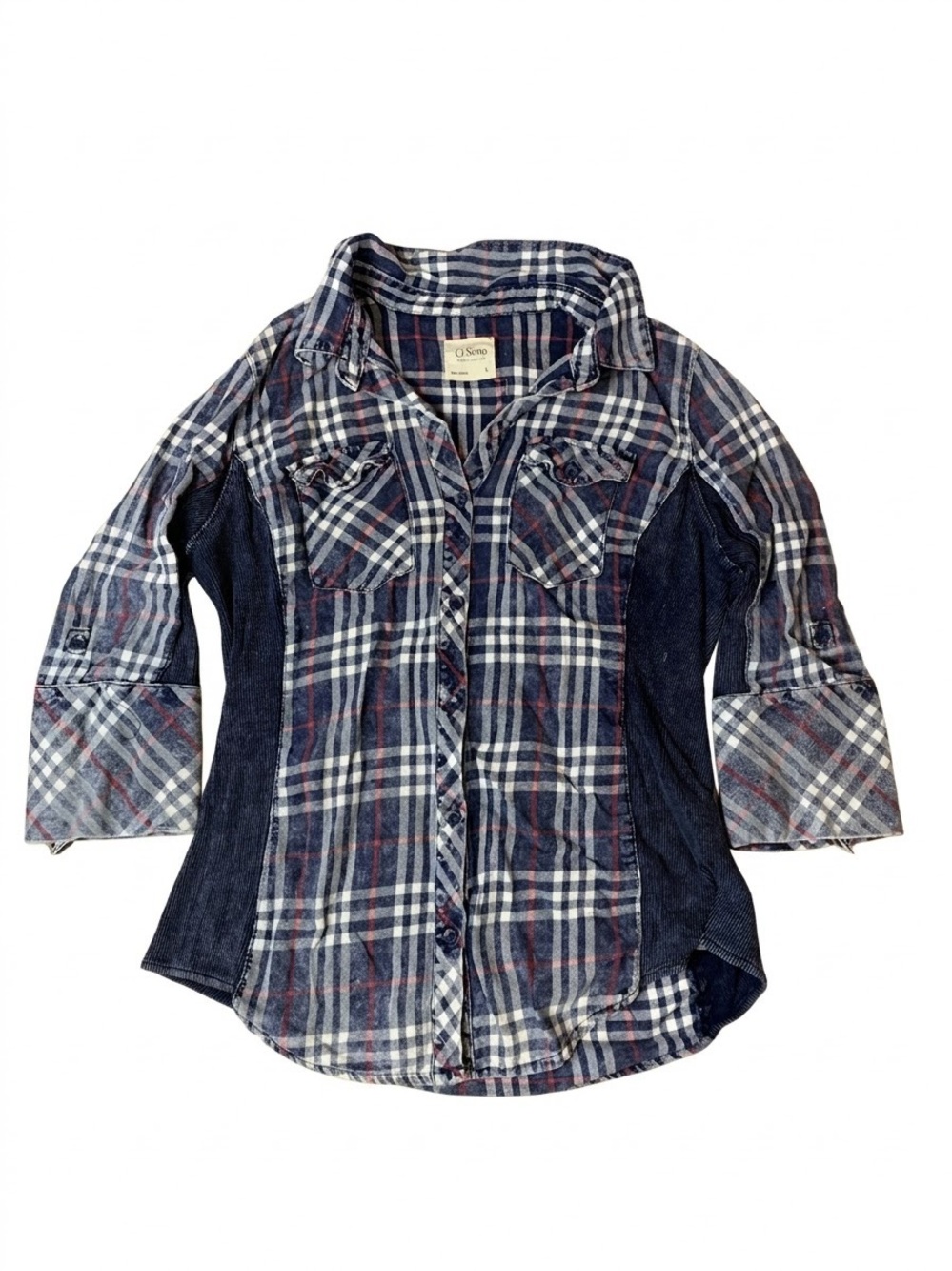 Ci Sono Plaid Button Down Shirt Blue Red White Ribbed Side Panels L